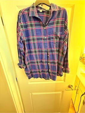 Old Navy Blue Plaid Button-Up Shirt with Pink and Green Accents